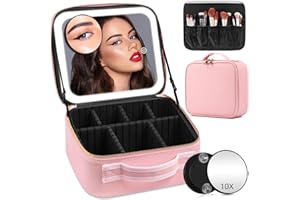 HMGGOOFA Makeup Case with Mirror and Lights, Travel Makeup Bag with Lighted Mirror, Partitionable Makeup Case with 2-Layers Adjustable Dividers, Portable Cosmetic Case Makeup Organizer Bag for Women(Pink)