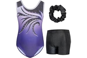 Gogokids Ärmelloses Gymnastiktrikot-Set für Mädchen, dreiteilig mit Shorts und Haargummi, Kinder Gymnastik Outfits mit Aushöhlen & überkreuztem Design, Glitzer Ballett-Einteiler für Alter 3-12