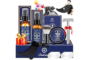 OUKZON Kit Barba per Uomo, Set Regalo Cura Della Barba Completo Professionale per Lui Papà - Set Rasatura con Olio Barba, Schiuma, Dopobarba, Pennello da Barba, Rasoio Sicurezza, Lametta, Pettine e Grembiule