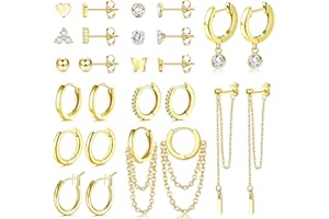 JeweBella 13Paires Petite Boucles d'Oreilles Femme Acier Chirurgical Hypoallergénique Coeur Cartilage Boucles d'oreilles Creoles Pendantes avec Chaîne Lot Boucles d'oreilles Or Argent