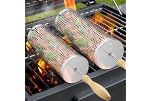 YNREDEE Rolling Grill Baskets,【2025Upgraded】 2Pcs Rolling BBQ Basket with Removable Wooden Handle,BBQ Accessories Tools for Vegetables Shrimp,Outdoor Cooking Camping,Gifts for Men Dad (2 Pcs Round)