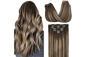 GOO GOO Clip in Human Hair Extensions, 14inch 120g 7pcs,Hair Extensions Clip in, 4/26/4 Chocolate Brown to Honey Blonde
