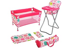 BiBi Doll Baby Doll Travel Cot & Highchair With Feeding Tray - Foldable Dolls' Playsets Baby Doll Bed Accessories Set