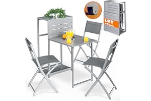 Casaria® Set de Meubles pour Balcon Gris 1 Table 3 chaises Pliable Salon de Jardin avec roulettes Ensemble pour extérieur