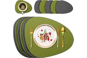 DELENTO Set of 6 Washable Placemats with Coasters, Double-Sided Placemats Leather Look Waterproof Place Mats for Dining Table, Kitchen, Restaurant & Home (Green & Grey)