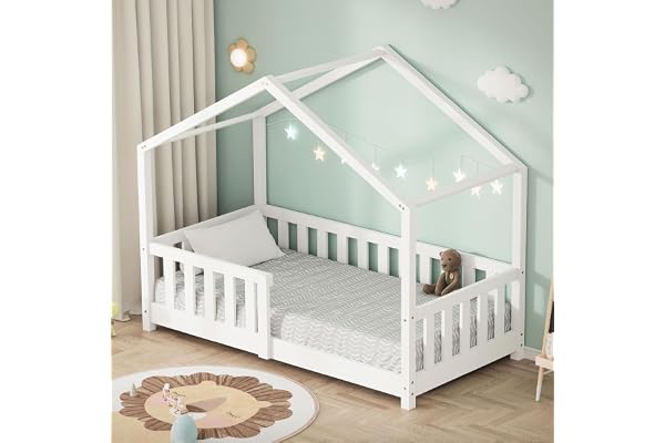 ML-Design barnsäng hussäng 70x140 cm Vitfärgad Montessori golvsäng i massiv furu med tak ribbotten och fallskydd juniorsäng s