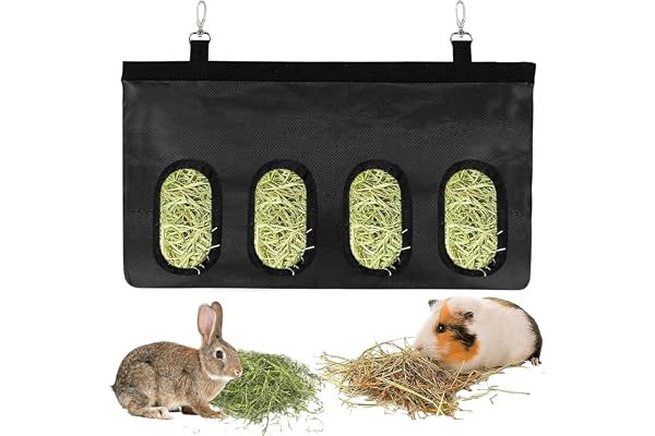 Sac à Foin pour Lapin, Distributeur de Foin, Sac de Foin Automatique,Sac de Foin Suspendu avec 4 Fenêtres pour Petits Animaux, Noir
