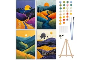 GHHKUD Malen Nach Zahlen Erwachsene, 4 Stück Malen Nach Zahlen Landschafts Sonnenuntergangsgebirge DIY Handgemalt Ölgemälde Kit für Anfänger Mit Holzstaffelei und Acrylfarbe Malen nach Zahlen-20X30cm