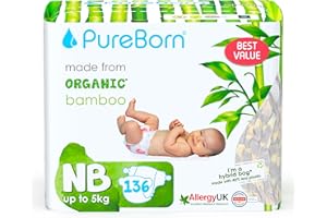 PureBorn Couches Écologiques en Bambou, Taille Nouveau-né (<5 kg), 136 pièces, Hypoallergénique, Ultra Douces, Imprimé Assorti, Indicateur d'humidité