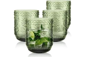 Joeyan Verre a Eau coloré Lot de 4, 360ML Empilable Vert Ensemble de Verres à Boire Gobelet Vintage en Relief Fleur,pour Jus Boissons Bière Cocktail Limonade jus, Lavables au Lave-Vaisselle