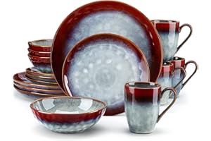 vancasso Starry Red Dinner Set, Reactive Glaze Dinnerware Tableware, 16-Piece Dinner Service with 11in Dinner Plate, 8in Dessert Plate, 7in Bowl and 330ml Mug, Service for 4
