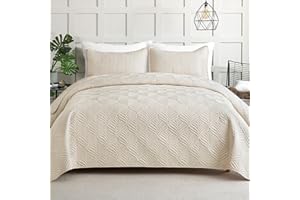 Whale Flotilla Colcha Moderna de 260 x 280 cm, Colcha con 2 Fundas de Almohada, Edredón de Microfibra con Estampado en Relieve, Ropa de Cama Ligera y Suave para 4 Estaciones, Beige