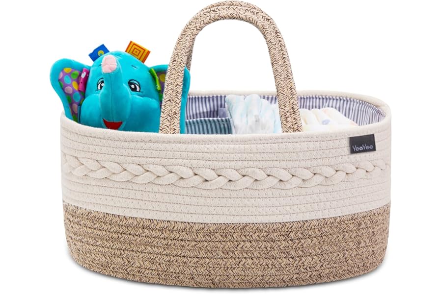 YeaYee Nappy Caddy,Baby Diaper Caddy Organiser, Portable Nursery Storage Basket with Changeable Compartments,100% Cotton Woven Rope(Small, Yellow)…
