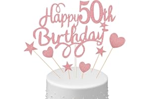 BOAO 50th Birthday Cake Topper Set, Happy 50th Birthday Cake Topper with Heart Star Cupcake Picks Glitter Decoration for Party Supplies, Rose Gold