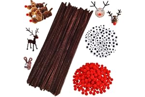 SUNSHINE SMILE 300PCS Pfeifenreiniger Pluesch Bunte,Pompons und Selbstklebend Wackelaugen,Pfeifenreiniger Set,Pfeifenreiniger und Pompons,Bastelzubehör Kinder,Rote Pom Poms,Weihnachten Handgemacht