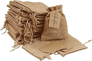 Lamondre 30 Pcs Burlap bag with Drawstring (9x12cm) Hessian Gift Bags with 30 Pcs DIY Tags Resusable Sack Gift Bags Small drawstring bags for DIY Craft - Brown