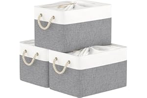 Yawinhe Lot de 3 Panier Cube de Rangement, avec Cordon de Serrage et 2 Poignées, Pliables, Caisse en Tissu, pour Vêtements, Blanc/Gris, 33x23x20cm, SNK003WGS