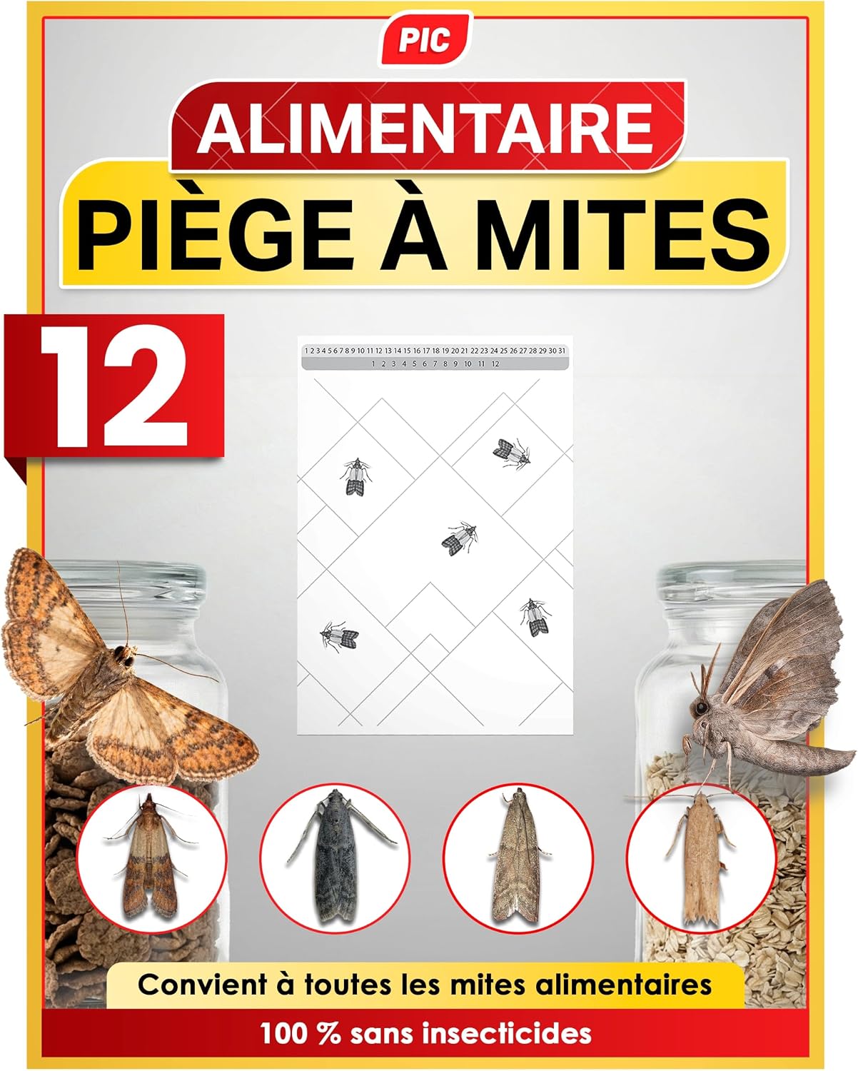 PIC Anti Mites Alimentaires – 12x Piege a Pheromone pour Cuisine et Placard | Sans insecticide et sans produit chimique, efficace jusqu'à 8 semaines, pour placard, garde-manger, farine et céréales