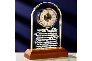 Arikyrist Crystal Happy 80th Birthday Clock Gifts for Women 80 Years Old Unique Birthday Presents for Her with Wooden Warm Light Base Special Keepsake Birthday Ornament Quartz Clock for Men