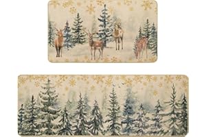 AIBIIN Christmas Rugs Set of 2 Xmas Non-Slip Rubber Kitchen Door mat Winter Snowflake Pine Tree Rugs for Living Room Holiday Hallway Kitchen Bedroom Christmas Decorations 60x40+120x40cm