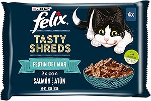 Purina Felix Tasty Shreds Comida Húmeda para Gato en Salsa Pack surtido Pescados, 12 paquetes de 4 sobres de 80g - 48 sobres