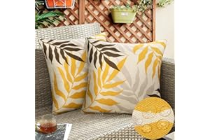 HANRUNSI Pillowcase 2 Pack Double Sided Yellow Brown Small Leaves Cushion Covers Waterproof 16"x16"/40x40cm Pillow Cover Linen Outdoor Cushions Square Pillowcase for Garden Patio Bench Couch Sofa Wedding Decor