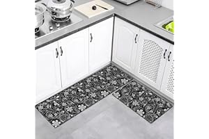 LXTOPN Kitchen Mat Set 2 Pieces, Washable Kitchen Floor Rugs Mats, Non-Slip Modern Kitchen runner Rugs Mats for Kitchen, Dining Room, Hallway, Entryway Mat Rug Set (Black Floral), CFDD-01