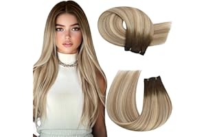 Moresoo Extension Capelli Veri Tessitura Balayage Matassa Capelli Veri Tessitura Marrone a Marrone Chiaro con Biondo Medio 35 cm/14 Pollice #3/8/22 100g