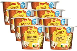 ‎MAGGI Maggi 5 Minuten Terrine Spaghetti in Käse-Sahne-Sauce, leckeres Fertiggericht, Instant-Nudeln, mit würzigem Speck & Parmesan, 8er Pack (8 x 62g)