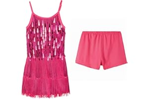 LOLANTA Girls Sequin Fringe Dance Costume, Kids Salsa Rumba Latin Dancing Clothes Set, Sparkling Sleeveless Tassel Dance Mini Dress with Shorts