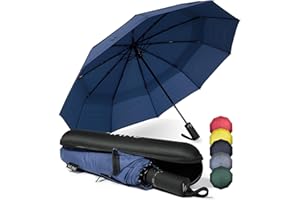 WLine Wind Ombrello Pieghevole Antivento da Pioggia con 10 Aste Rinforzate e Tela Idrorepellente 210T - Ombrello Portatile Resistente Apri e Chiudi Automatico, Diametro 104cm (Blu con Custodia)