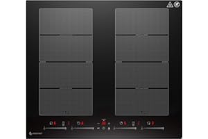 ‎AMZCHEF AMZCHEF Induktionskochfeld 60cm mit 2 Flexzonen, 4 Zonen Induktionskochplatte mit leisem Betrieb, 9 Leistungsstufen und Booster - BBQ Funktion, Pausenfunktion und Warmhalten, 7400W