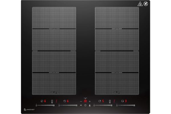 AMZCHEF Plaque Induction 4 Feux avec Deux Zones Flexibles, Plaque de Cuisson Induction 4 Zones avec Fonctionnement Silencieux (42dB), 9 Niveaux et Booster, Barbecue, Pause et Maintien au Chaud, 7400W