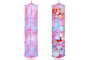 Beinou Hanging Storage Net Kids Toy Hammock 2Pcs Foldable Mesh Net 4 Tiers Hanging Shelves Large Plush Toy Organizer for Bedroom Nursery