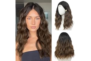 BUPPLER Schwarze Braune Perücke 18 Inch Mittellange Perücken für Frauen Mittelteil Kunsthaar Wellige Perücke mit verbesserten Strähnen, Naturhaarperücke für den täglichen Gebrauch Party/Halloween