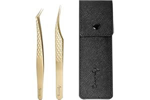 Beauty7 2 PCS Pinzas Profesionales de Extensión de Pestañas Acero Inoxidable Pinzas de Pestañas Pinzas de Precisión de Punta Curva Recta con Estuche en Dorado Múltiples Usos