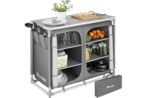 TecTake® Meuble de Rangement Cuisine de Camping Pliable en Aluminium, avec Étagères, Plan de Travail, Pieds réglables, Sac de Transport Inclus, Stockage pour Vaisselle, Accessoires Cuisine, Aliments