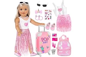 EBUDDY 24pcs 18 inch Girl Doll Dress Clothes with Suitcase Luggage Travel Accessories School Play Set include Shoes, Glasses, Necklace, Backbag, Sticker (No Doll)