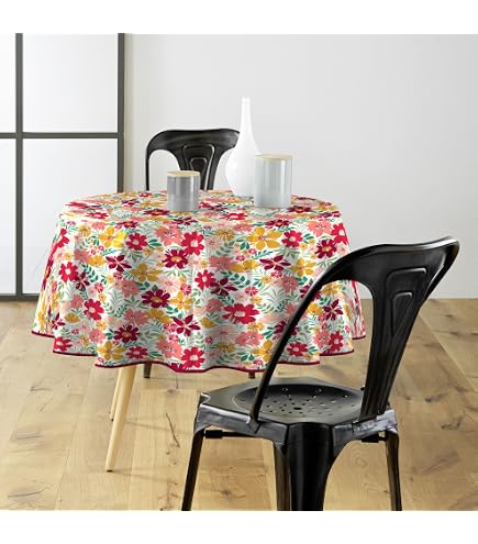 Nappe Ronde 120x120cm Motif Fleurs Printanières - Tissu Flanelle Doux, Lavable Machine - Pour Table Jardin, Salon, Fêtes, Mariage