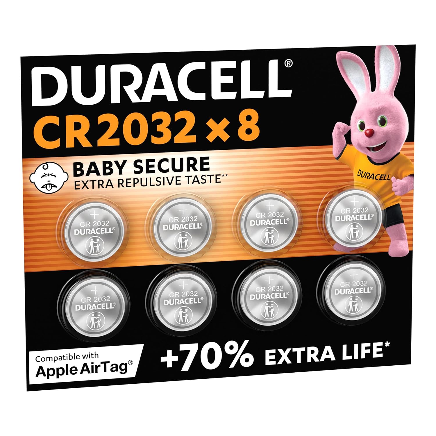 DURACELL 2032 Batterie a moneta al litio (Confezione da 8) 3V, CR2032 | Fino a +70% di durata - Tecnologia Baby Secure - Per Apple AirTag, chiavi auto, dispositivi domestici, sportivi e medici