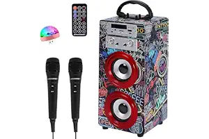 Karaoke Portátil DYNASONIC (025-21 luz) Maquina de Karaoke con 2 Micrófonos, Altavoz Bluetooth, Luz USB incluida, Lector USB y SD, diseño Exclusivo, Regalo Original