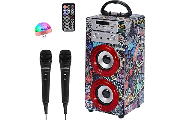 Karaoke Portátil DYNASONIC (025-21 luz) Maquina de Karaoke con 2 Micrófonos, Altavoz Bluetooth, Luz USB incluida, Lector USB y SD, diseño Exclusivo, Regalo Original