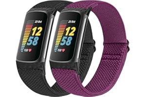 Vodtian Elastic Straps Only Compatible with Fitbit Charge 6/ Charge 5 Strap, 2 Pack Stretchy Adjustable Nylon Loop Braided Replacement Sport Wristband for Charge 5/Charge 6 Activity Tracker Women Men