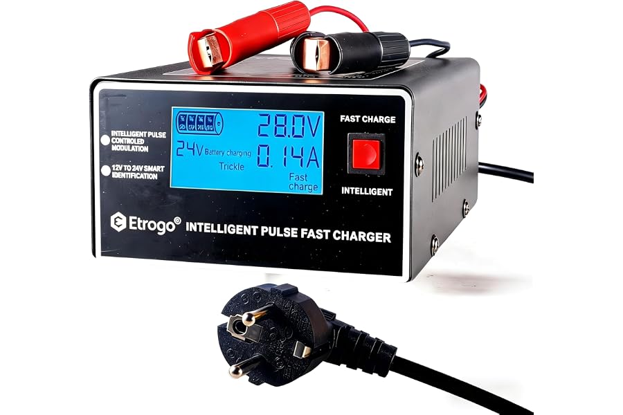 Etrogo Cargador Coche 12V 24V 10A 250W de Pulso Inteligente con Función Automática de Detección Reparación Mantenimiento