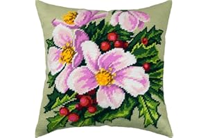 BRVSK Décoration de Noël avec motif fleurs à aiguille. Taie d'oreiller 16×16 Pouces. Toile de tapisserie imprimée, qualité européenne