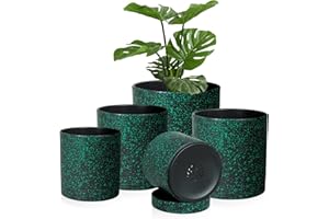 Homeuouz 5 Packs Blumentopf mit Untersetzer, 17.8cm/15.2cm/14cm/12.7cm/10.2cm Pflanzentopf, Plastik Übertopf, Blumentöpfe Set Ideal für Innen und Balkongärten, Schwarz mit grünen Punkten