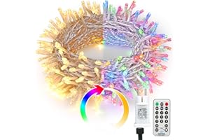 BrizLabs Łańcuch świetlny 20 m, 200 diod LED, z pilotem zdalnego sterowania, ciepła biel i kolorowa, możliwość ściemniania, 11 trybów pracy, oświetlenie zewnętrzne z transformatorem, timer, do domu,