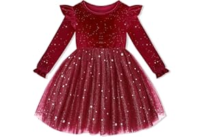Amissz Robe de Noël en Velours à Manches Longues pour Filles, Tenue de Soirée en Tulle Scintillant, Vêtement à Paillettes pour Anniversaires et Bals, 2-6 Ans