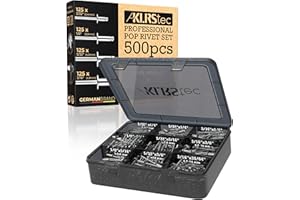KLRS tec Professional zestaw nitów zrywalnych [500 szt.] aluminium/stal zestaw nitów do nitów 125 szt. w każdym rozmiarze (2,4 mm, 3,2 mm, 4,0 mm i 4,8 mm)