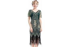 BABEYOND 1920s Flapper Fringed Sequin Dress Roaring 20s Fancy Dress Gatsby Costume V Neck Vintage Beaded Evening